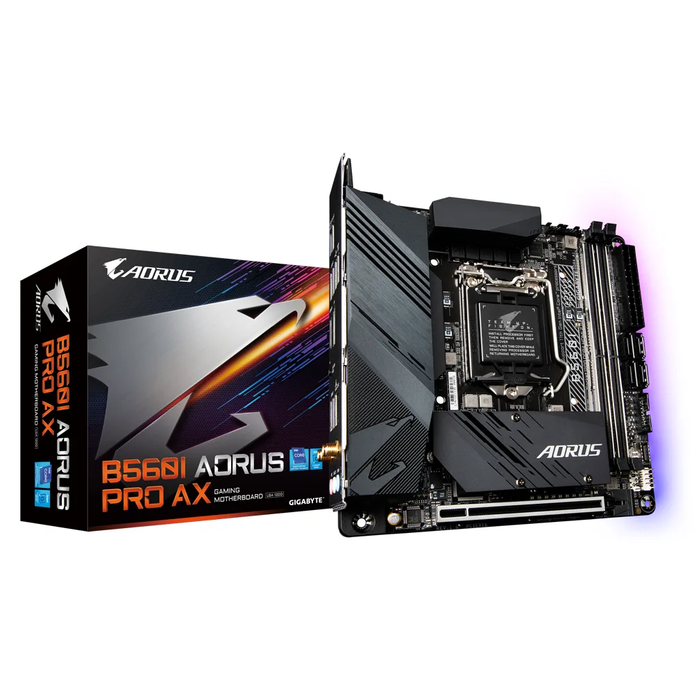 Mini-ITX motherboard with black heatsinks and silver accents