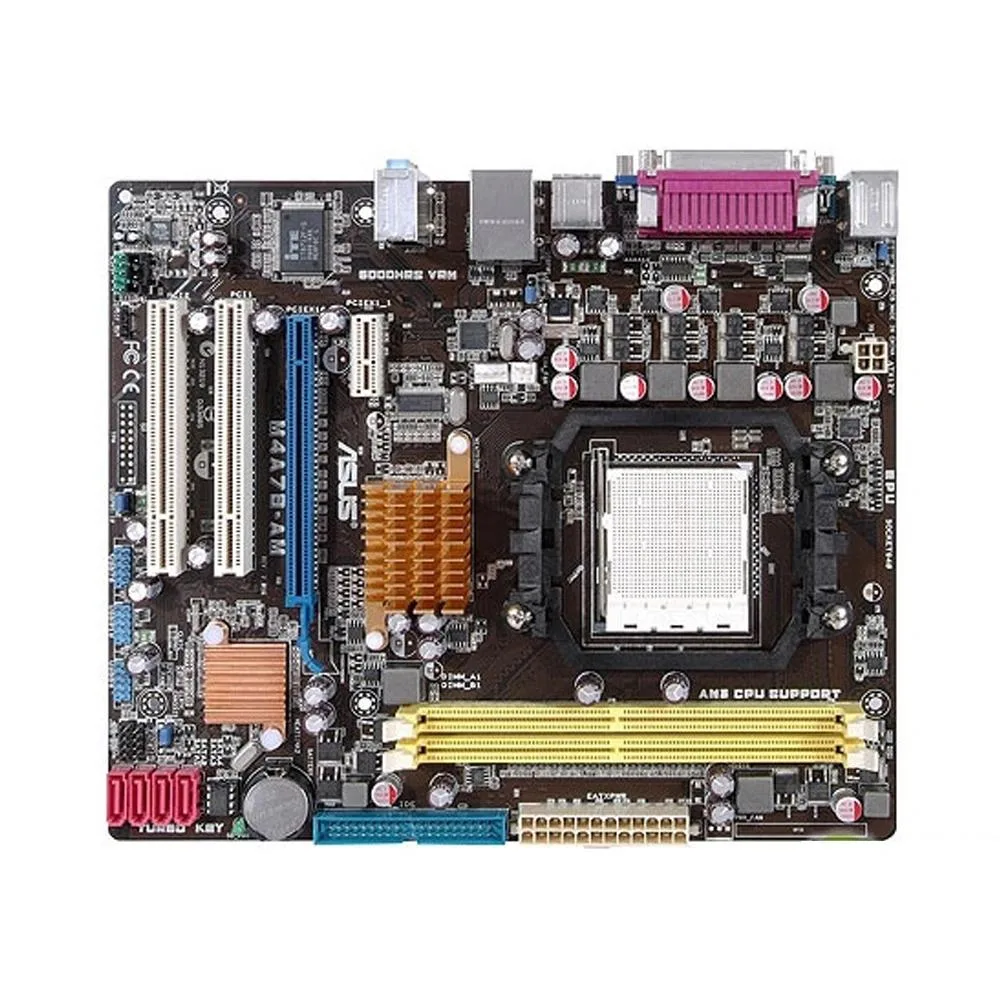 Green rectangular Micro ATX motherboard with silver CPU socket and blue DDR2 slots
