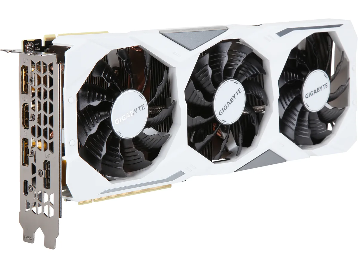 White triple-fan graphics card with metal backplate, PCIe x16 interface