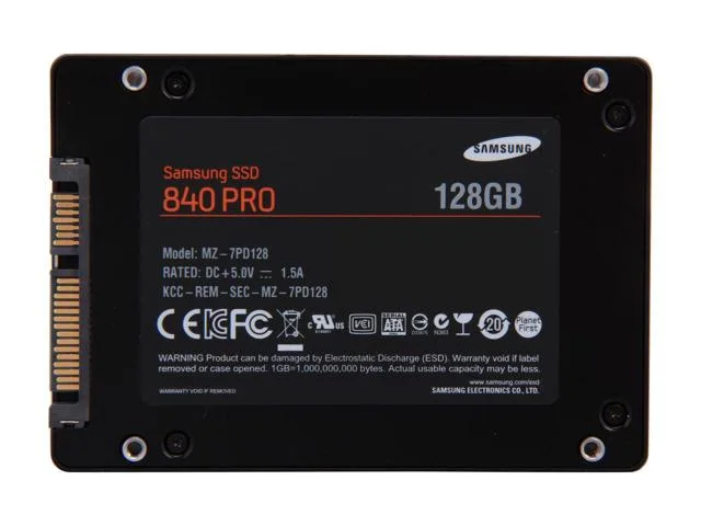 Samsung 840 Pro 128GB 2.5 inch SATA SSD in a black metal enclosure