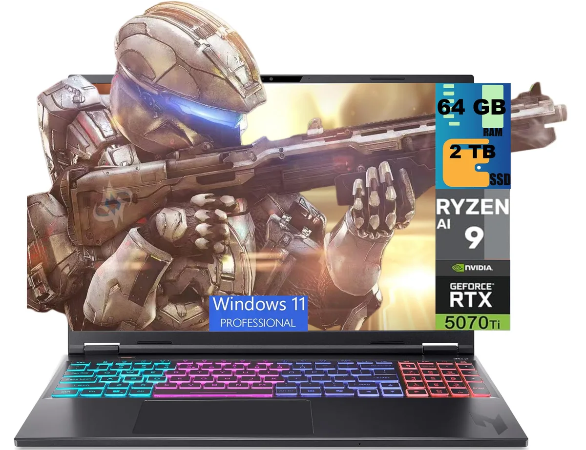 Black 16 inch gaming laptop with thin bezels and RGB backlit keyboard