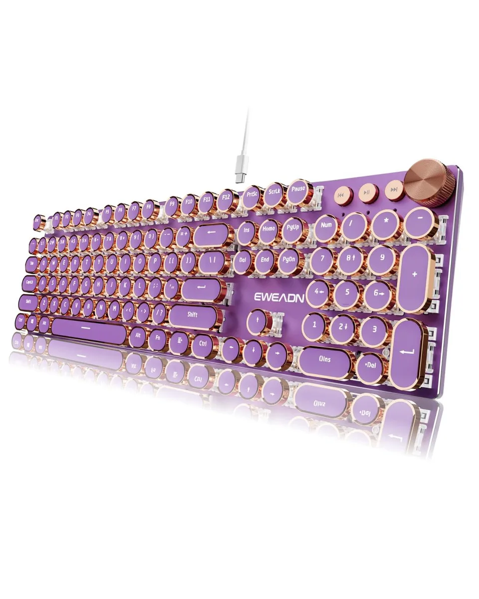 Purple retro typewriter mechanical keyboard with round keycaps and metal panel