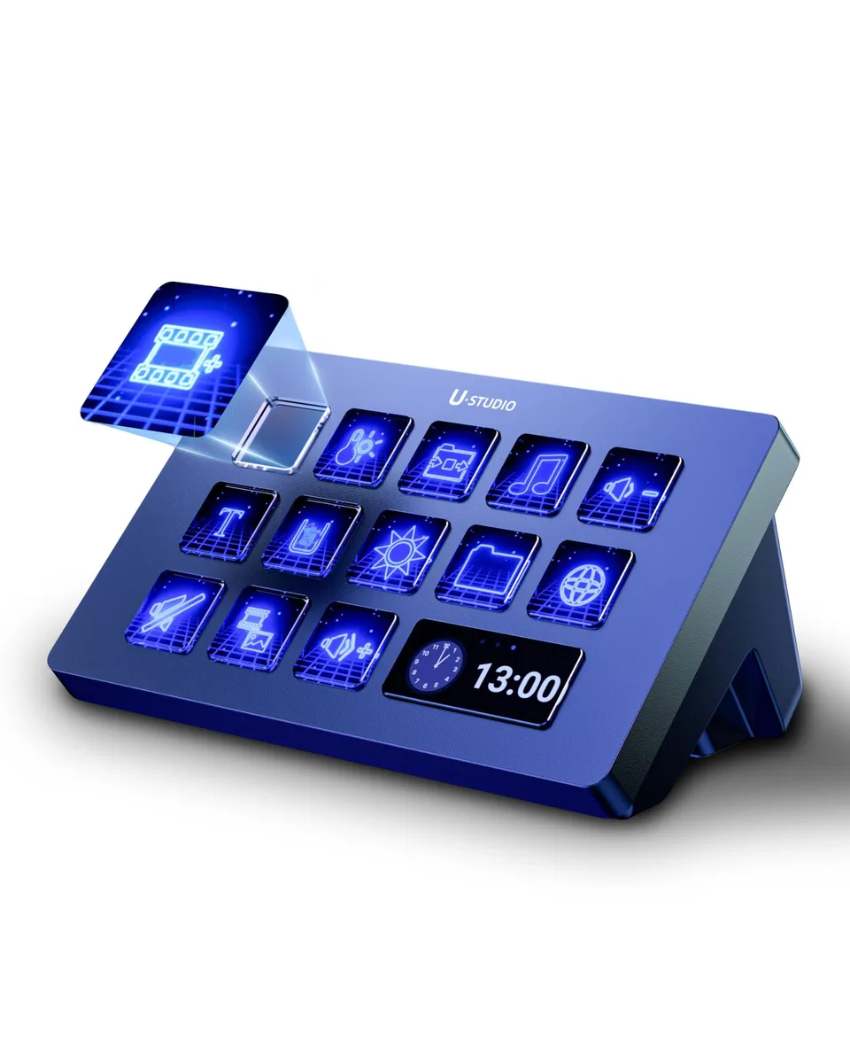 Compact black macro pad with 14 LCD keys and aluminum keycaps