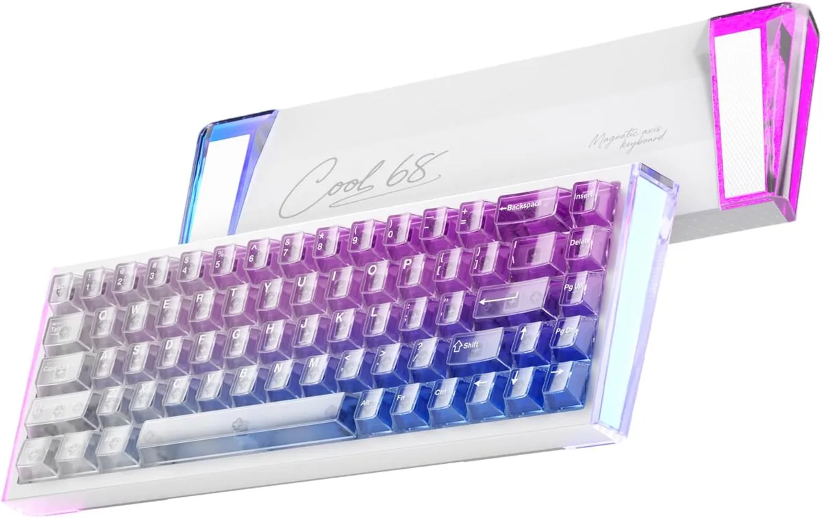 Compact 65% wired gaming keyboard in purple with translucent keycaps and side light bars