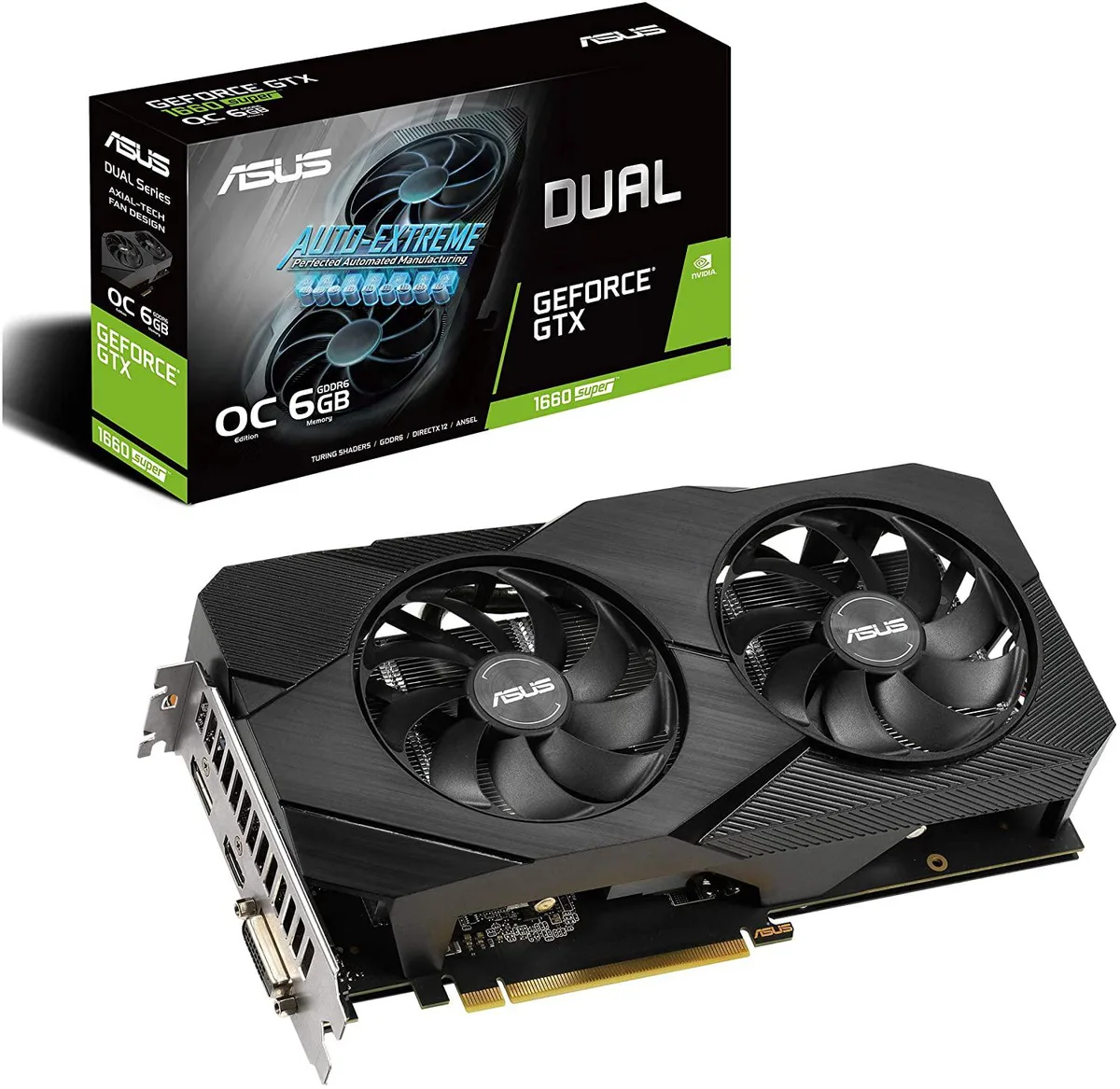 ASUS Dual GeForce GTX 1660 Super graphics card with two axial fans and a metal backplate