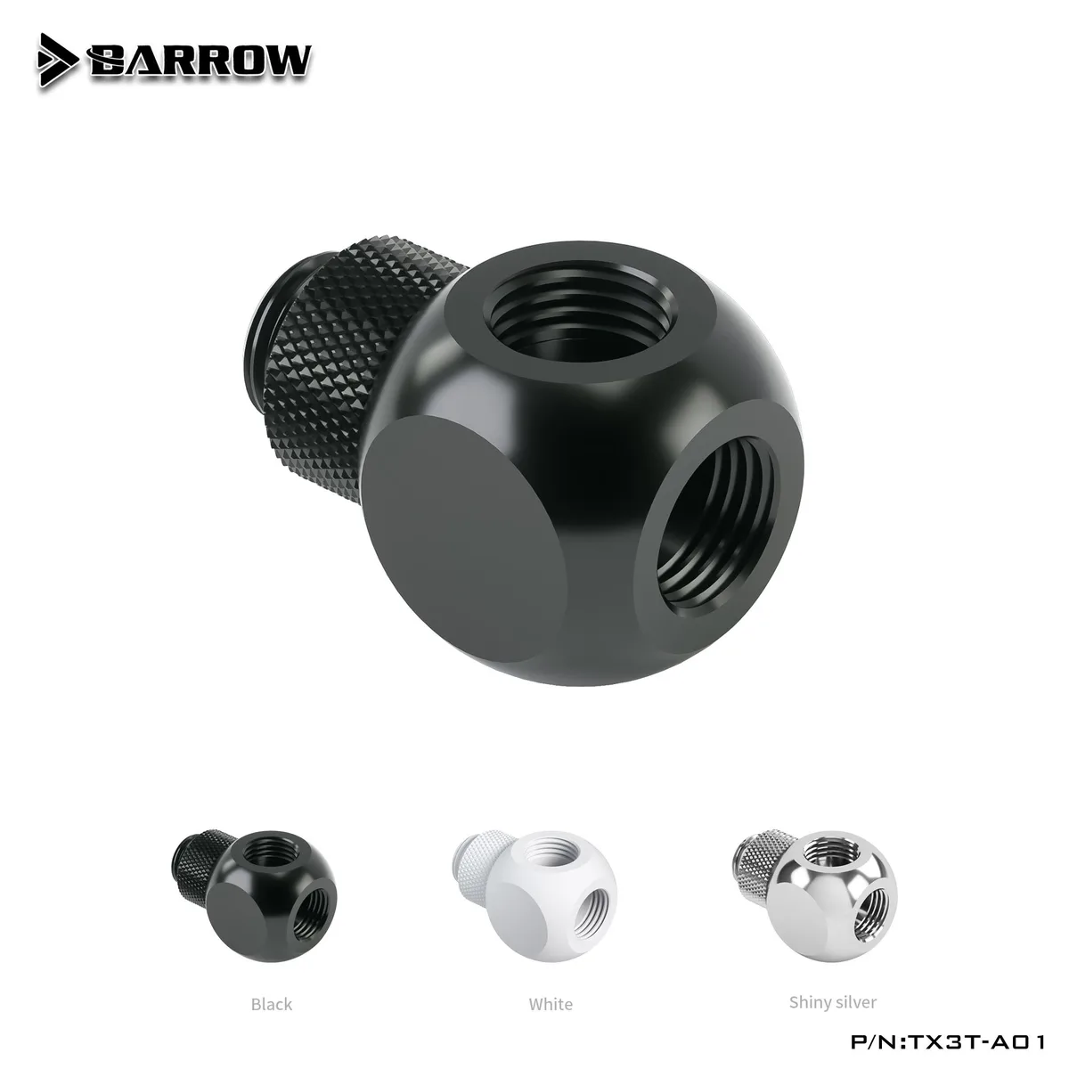 Silver cubic 3-way rotary fitting, 24mm head, G1/4 threads