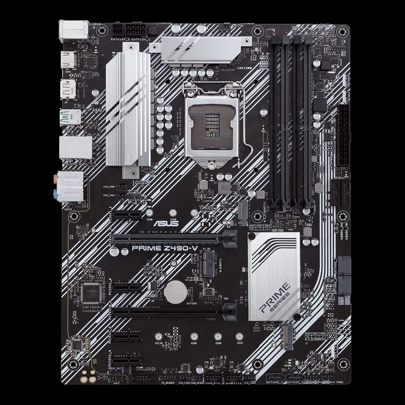 ATX motherboard in dark finish with silver heatsinks and three M.2 slots