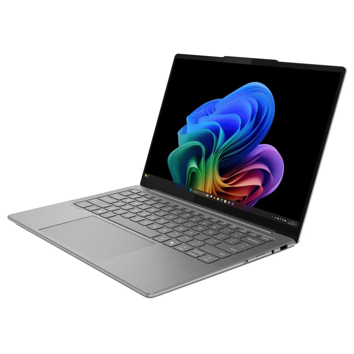 Slim silver 14 inch laptop with OLED touchscreen display open showing keyboard and trackpad