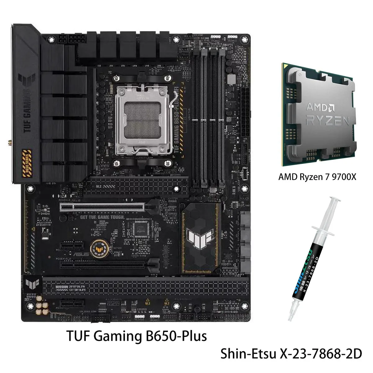 ATX motherboard with AM5 CPU socket and Ryzen 7 9700X processor in boxed combo