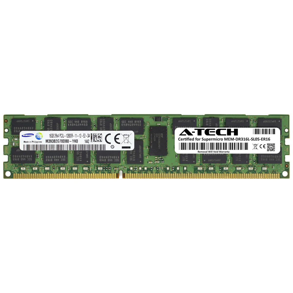 Green 240-pin DDR3L RDIMM module with black Samsung chips