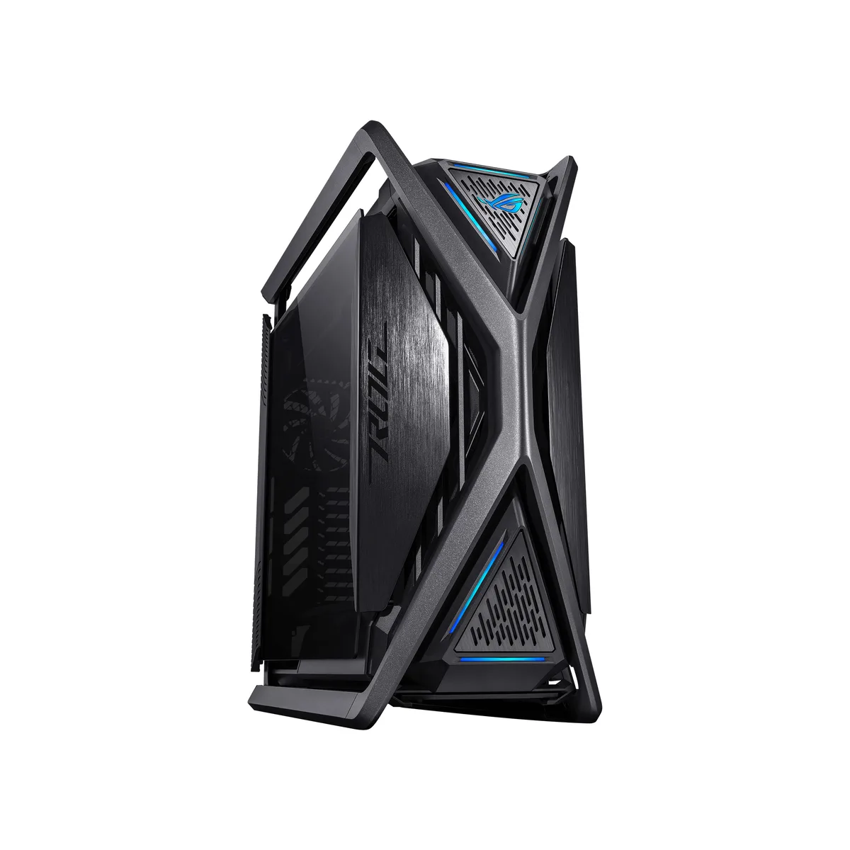 Large black full-tower case with tempered glass side panel, aluminum frame and front USB-C ports