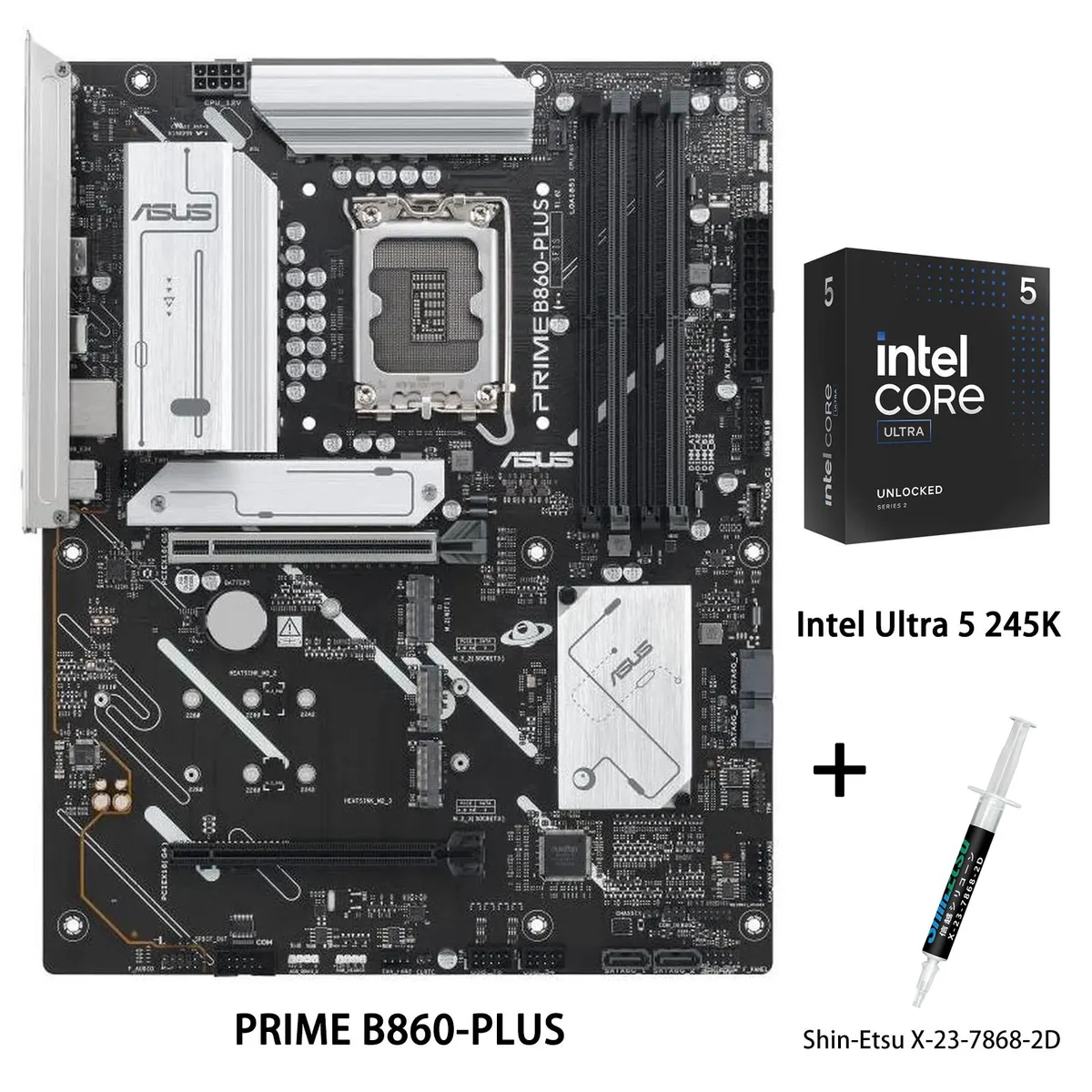 ASUS PRIME B860-PLUS motherboard and Intel Ultra 5 245K CPU in retail box