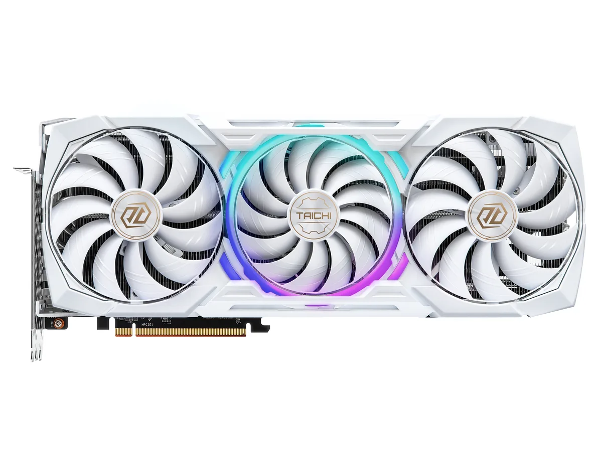 White triple-fan graphics card with silver accents, ATX form factor, three-slot width
