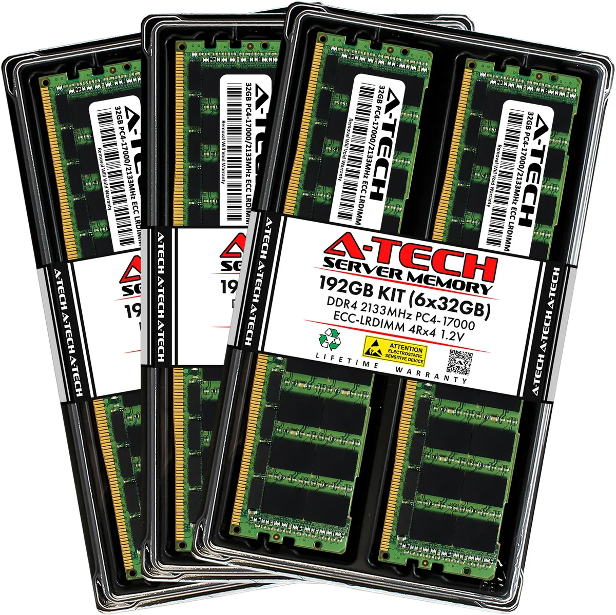 Six green DDR4 LRDIMM modules with black chips, no heat spreaders