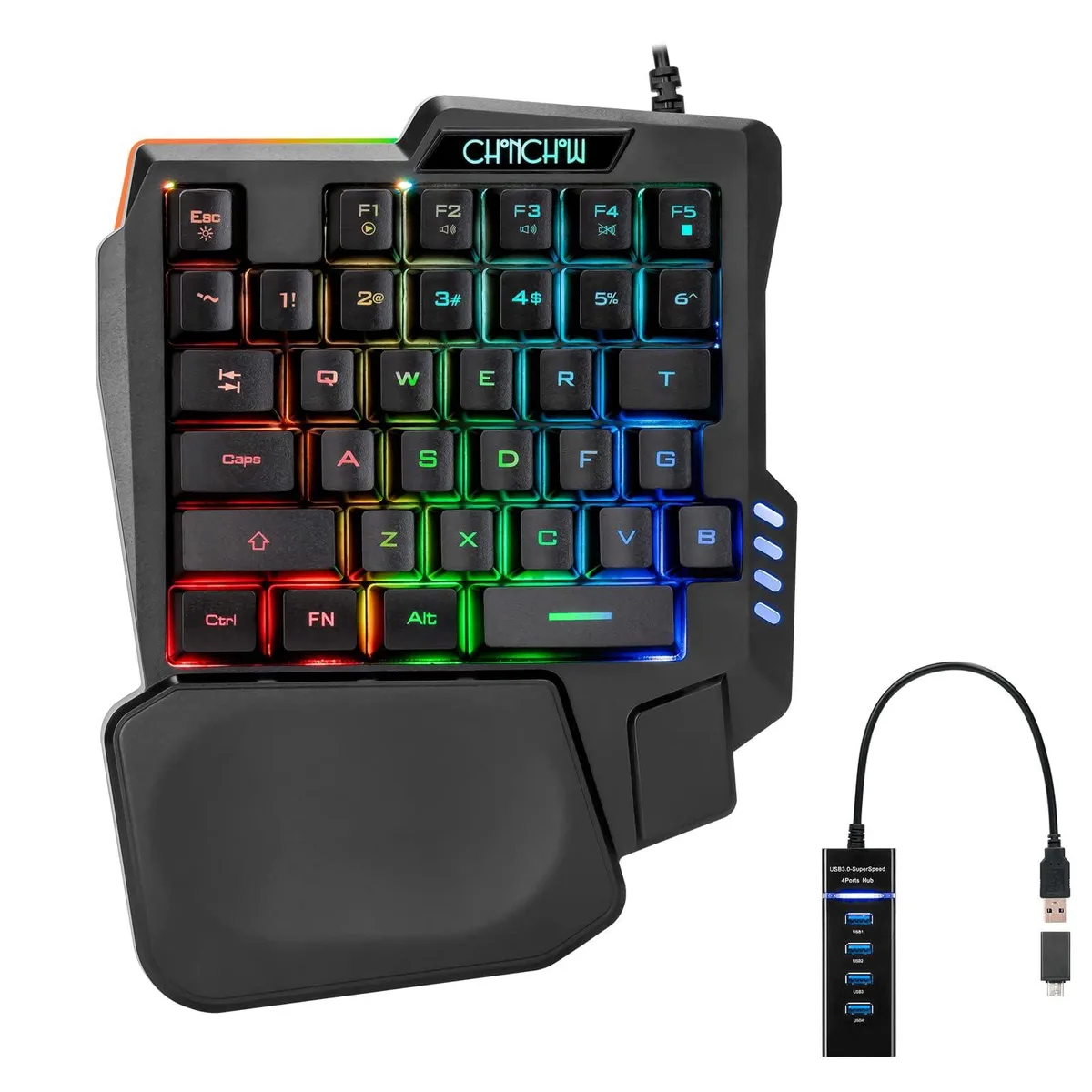 Compact black one-handed gaming keyboard with 35 tactile keys, LED backlighting and integrated wrist rest