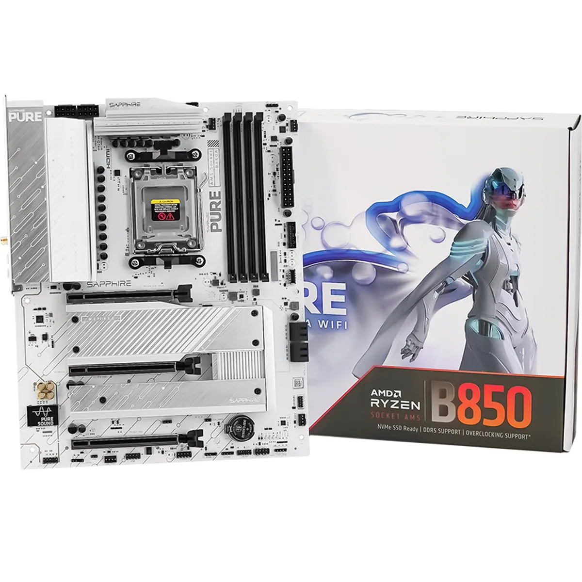 Silver-white ATX motherboard with large heatsinks and rear I/O shield