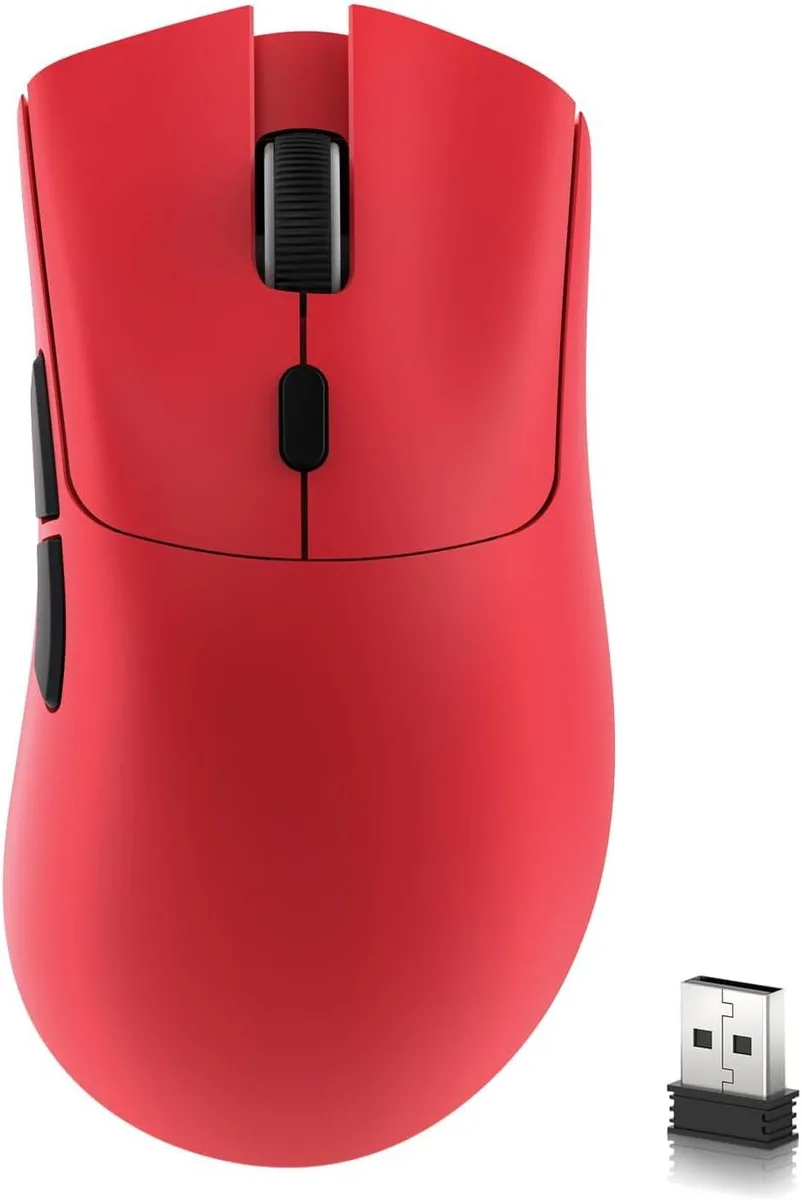Red ambidextrous gaming mouse, matte finish, USB-C port visible, 55g lightweight shell
