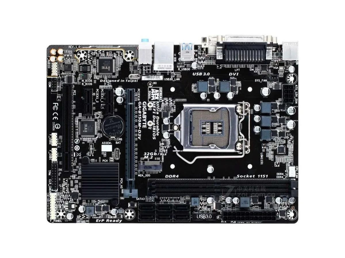 Green Micro ATX motherboard with silver LGA 1151 socket, two black DDR4 slots, single PCIe x16 slot, six SATA ports and rear I/O shield