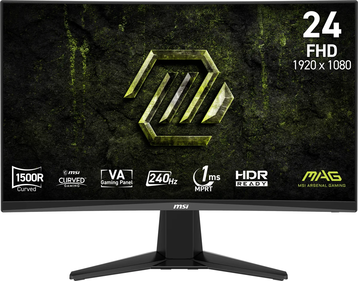 Black curved 24 inch VA gaming monitor with thin bezels and adjustable stand