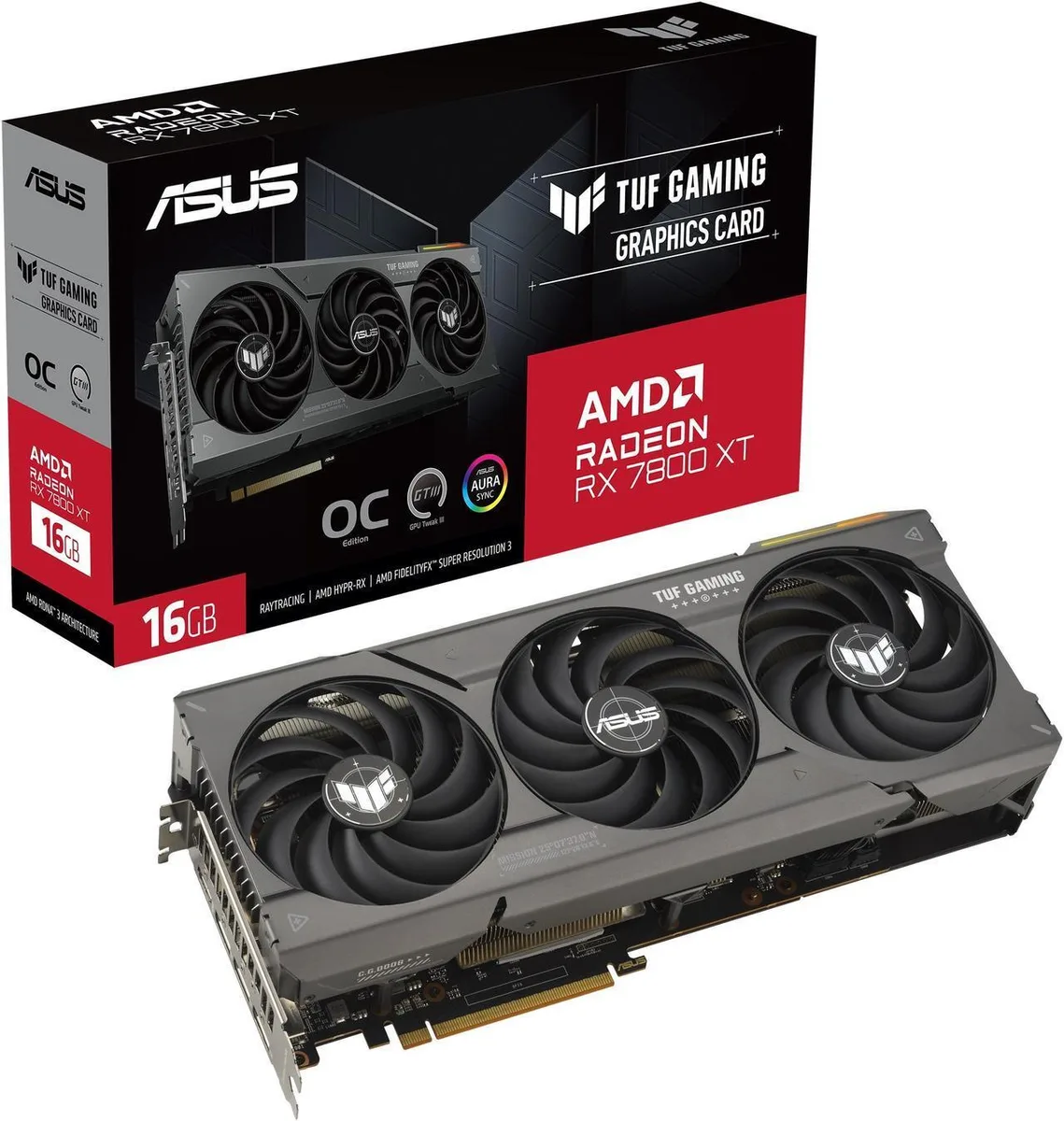 ASUS TUF Gaming Radeon RX 7800 XT graphics card with triple axial fans and metal exoskeleton finish