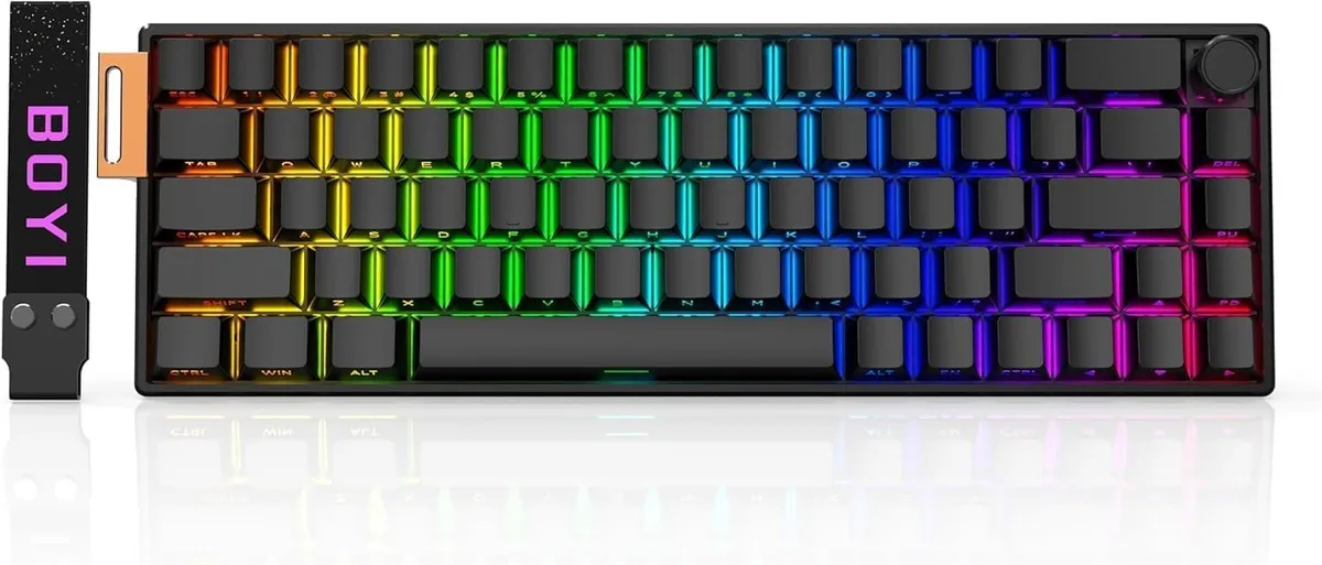 Compact 65% aluminum keyboard with ice-crystal flash finish and a rotary knob