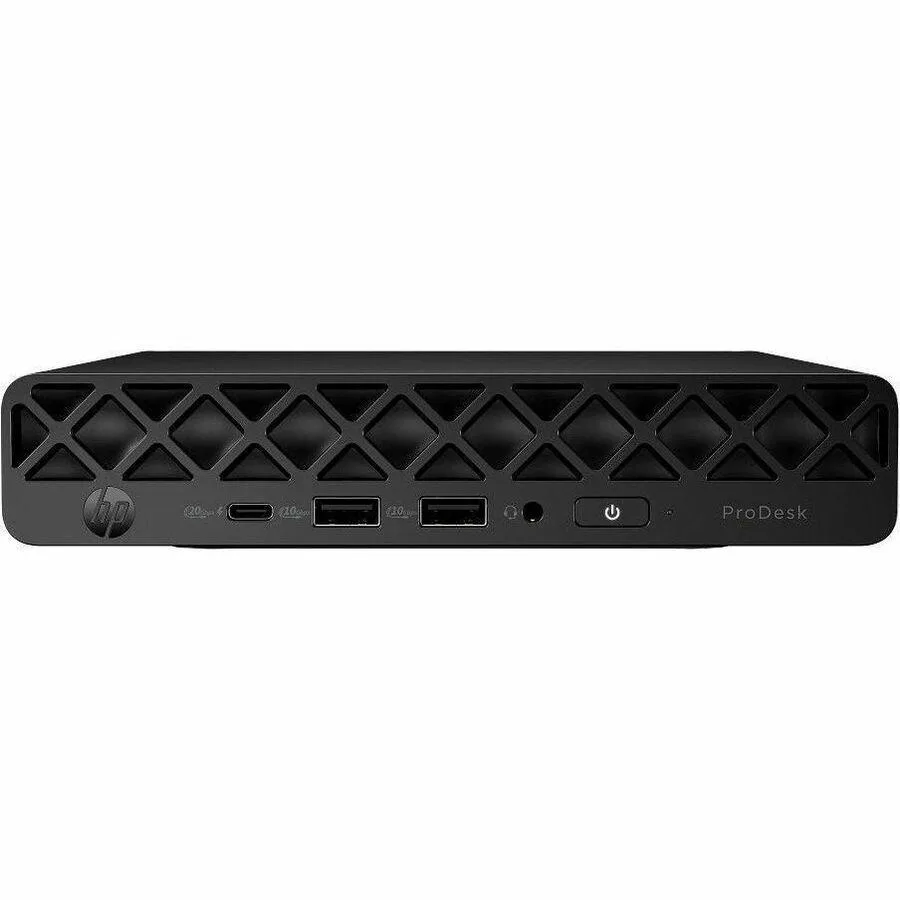 Small black HP ProDesk Mini desktop tower on a plain background
