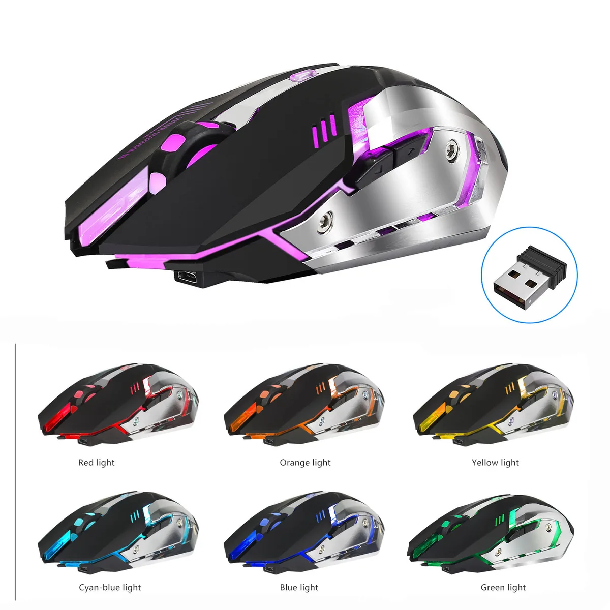Black wireless gaming mouse with six buttons and ergonomic palm grip