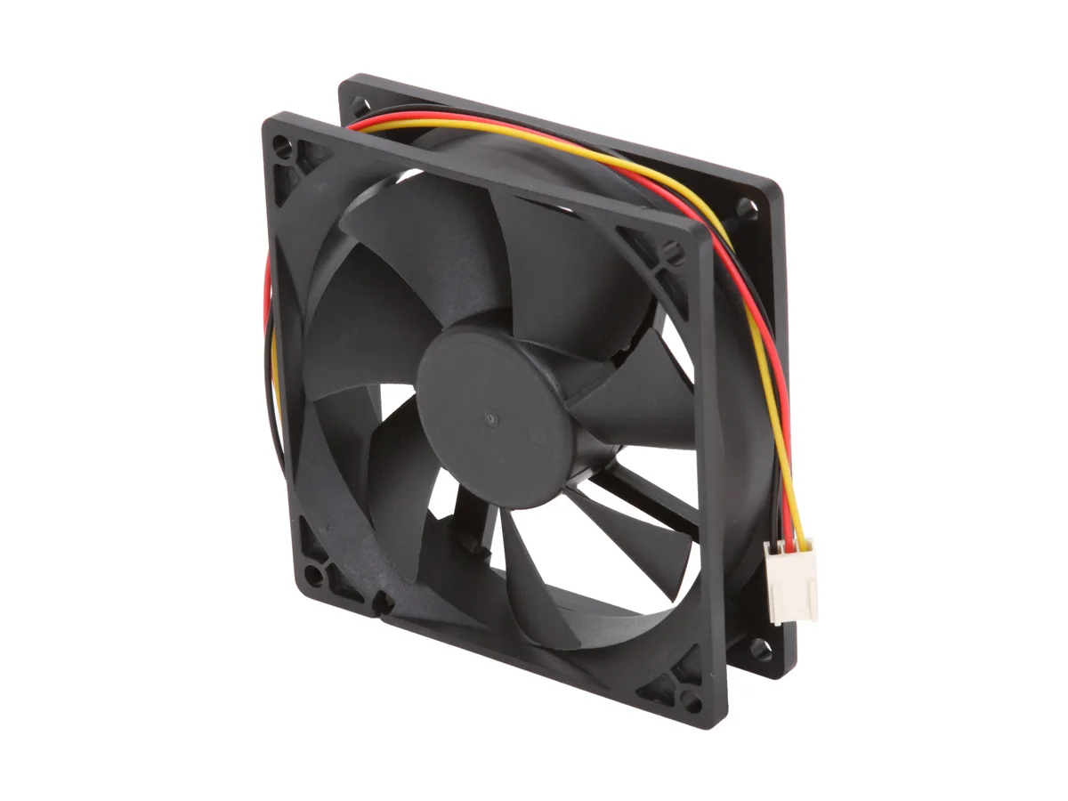 Black 92mm square case fan with black blades and three-pin connector