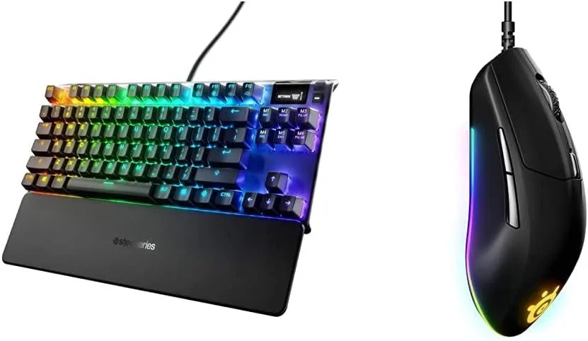 Compact mechanical keyboard with OLED display and RGB lighting, aluminium frame, magnetic wrist rest, plus ergonomic gaming mouse