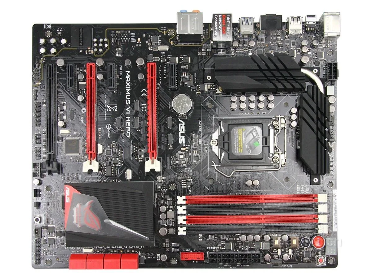 ATX motherboard with black PCB and red heatsinks