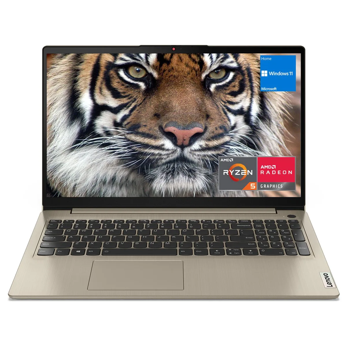 Sand-coloured 15.6 inch laptop with matte finish and backlit keyboard