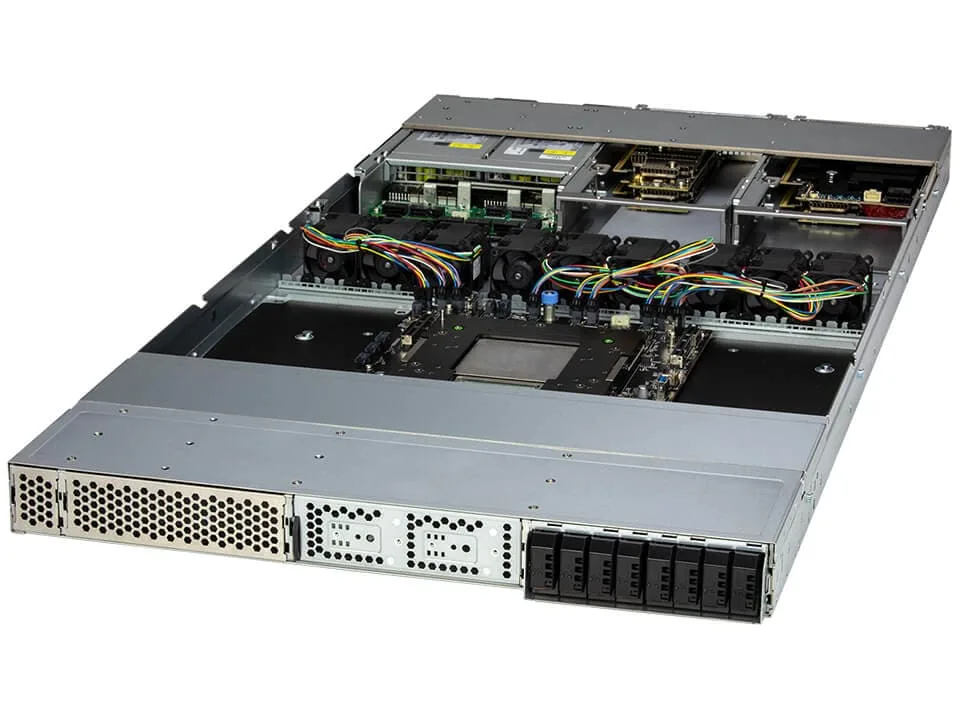 Silver 1U rack server front with eight drive bays and network ports
