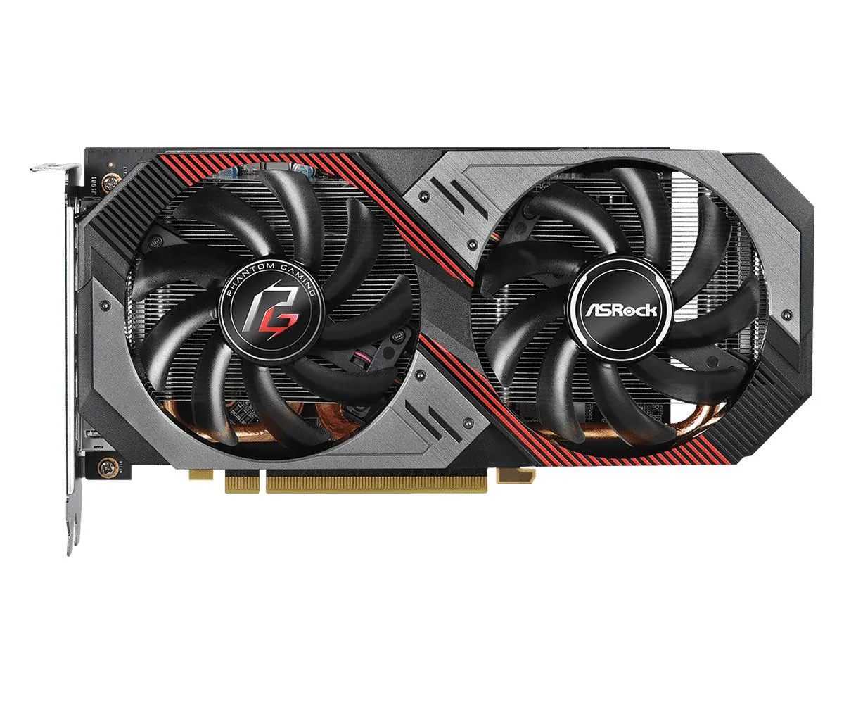 ASRock Radeon RX 5600 XT Phantom Gaming graphics card, dual fan cooler, 2.7-slot metal shroud, silver and black finish
