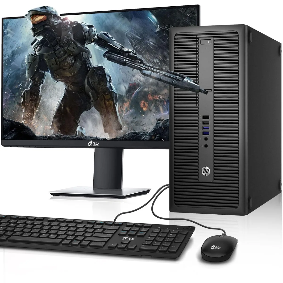 Black HP ProDesk G2 tower desktop with 22-inch monitor, wired keyboard and mouse