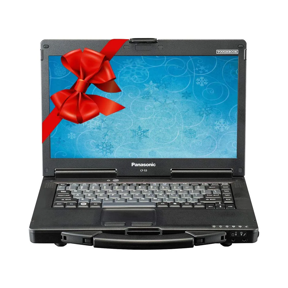 Rugged grey laptop with 14 inch screen and sturdy handle