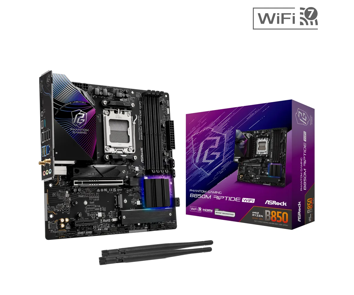 Micro-ATX motherboard with black PCB and silver heatsinks