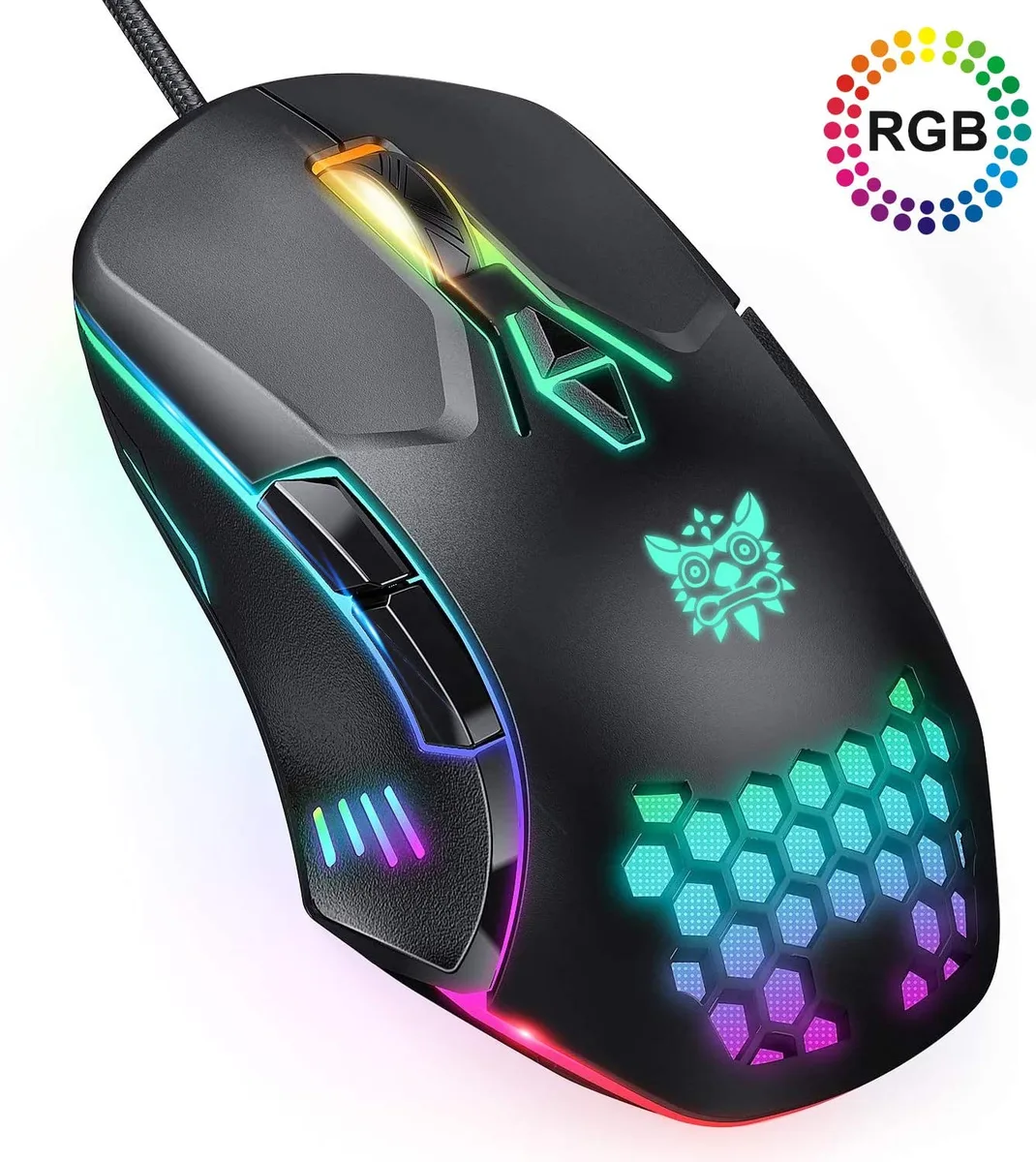 Black ergonomic wired gaming mouse with RGB lighting and textured side grips