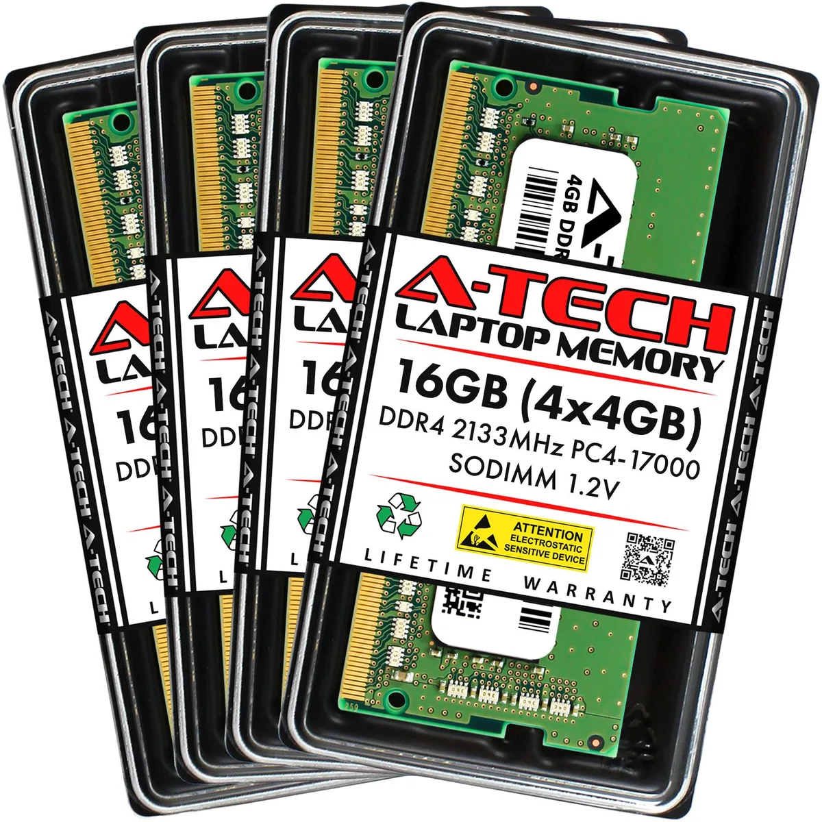 Four green circuit boards with black chips, 260-pin DDR4 laptop memory modules