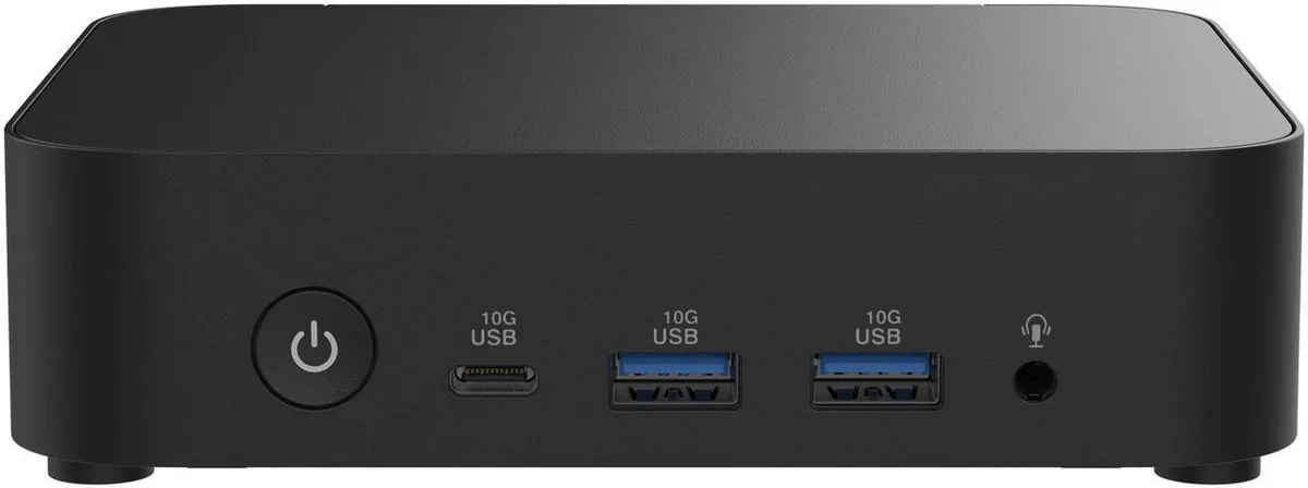 Compact square mini PC with matte black finish and subtle branding