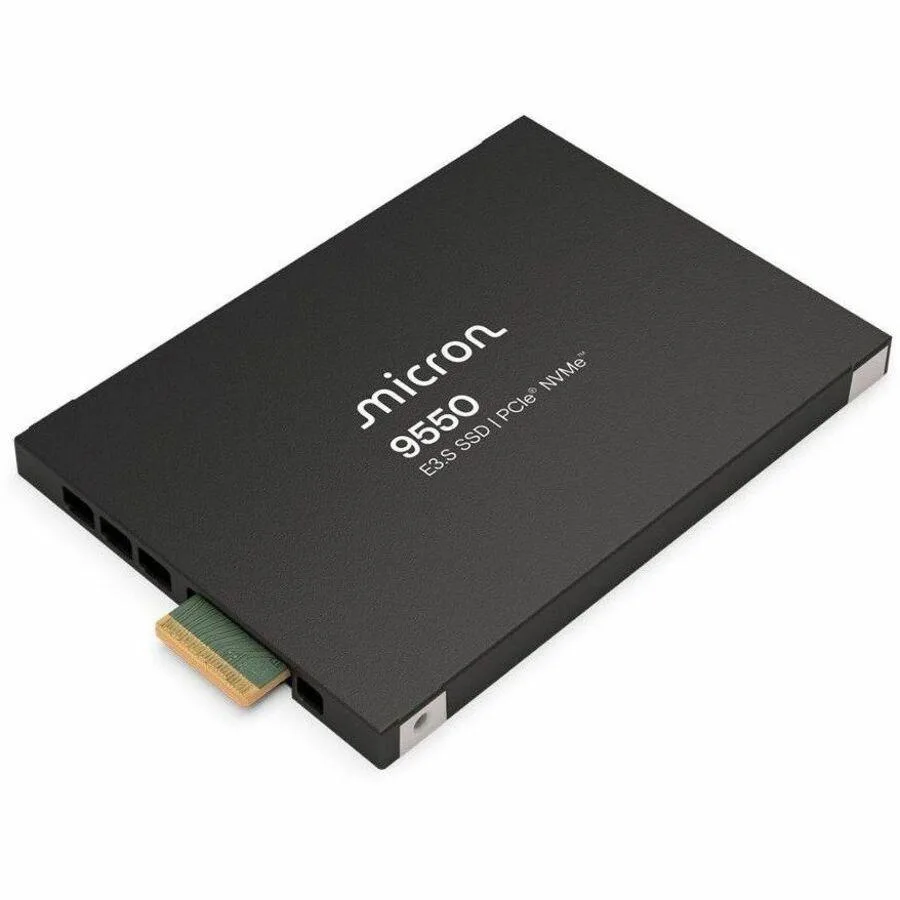 Green rectangular E3.S enterprise SSD with gold edge connector and silver label