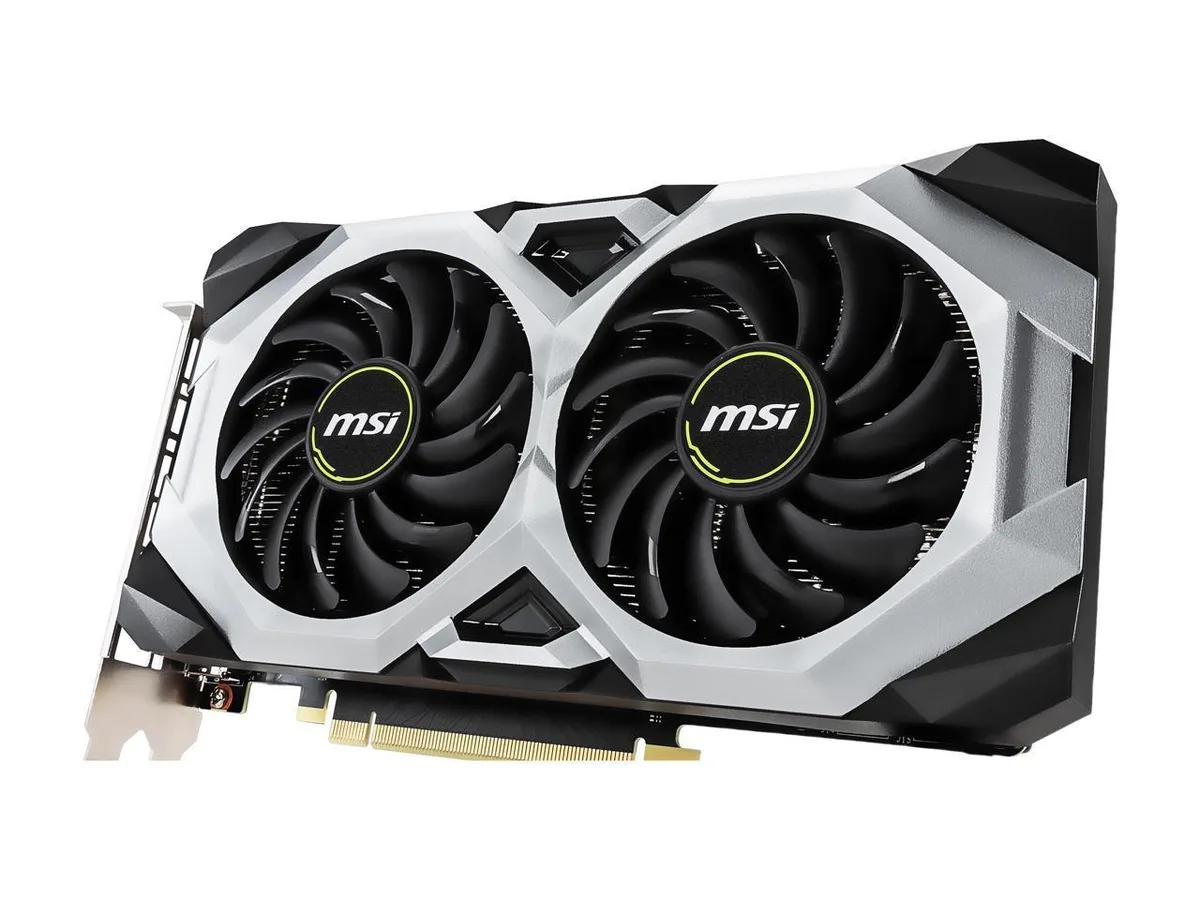 Black dual-fan graphics card with silver backplate and exposed heatsink fins