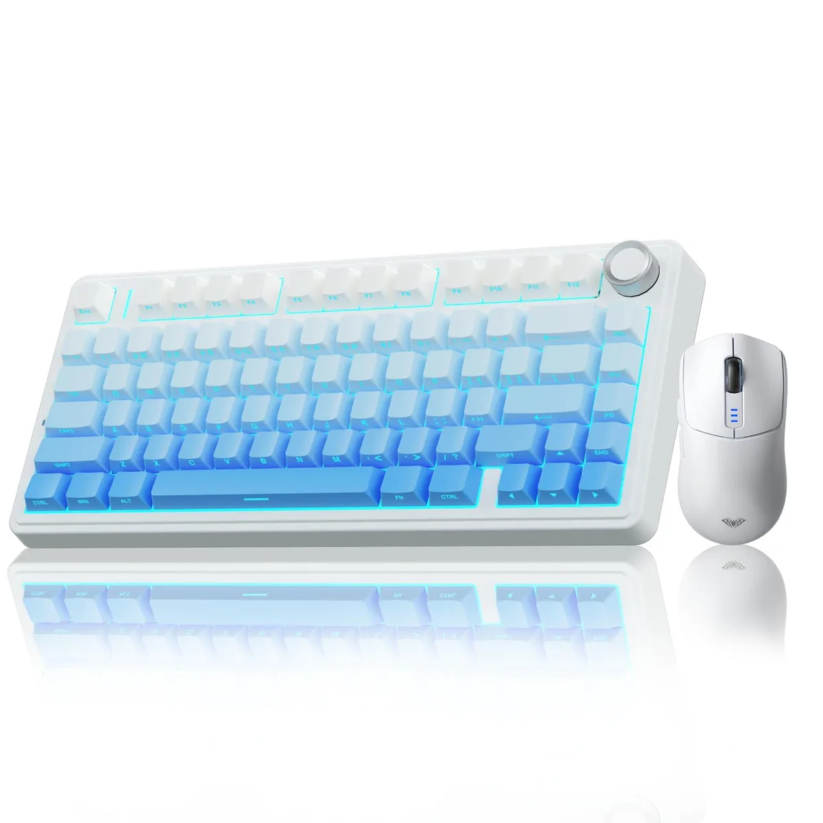 White 75% wireless keyboard and matching ambidextrous mouse