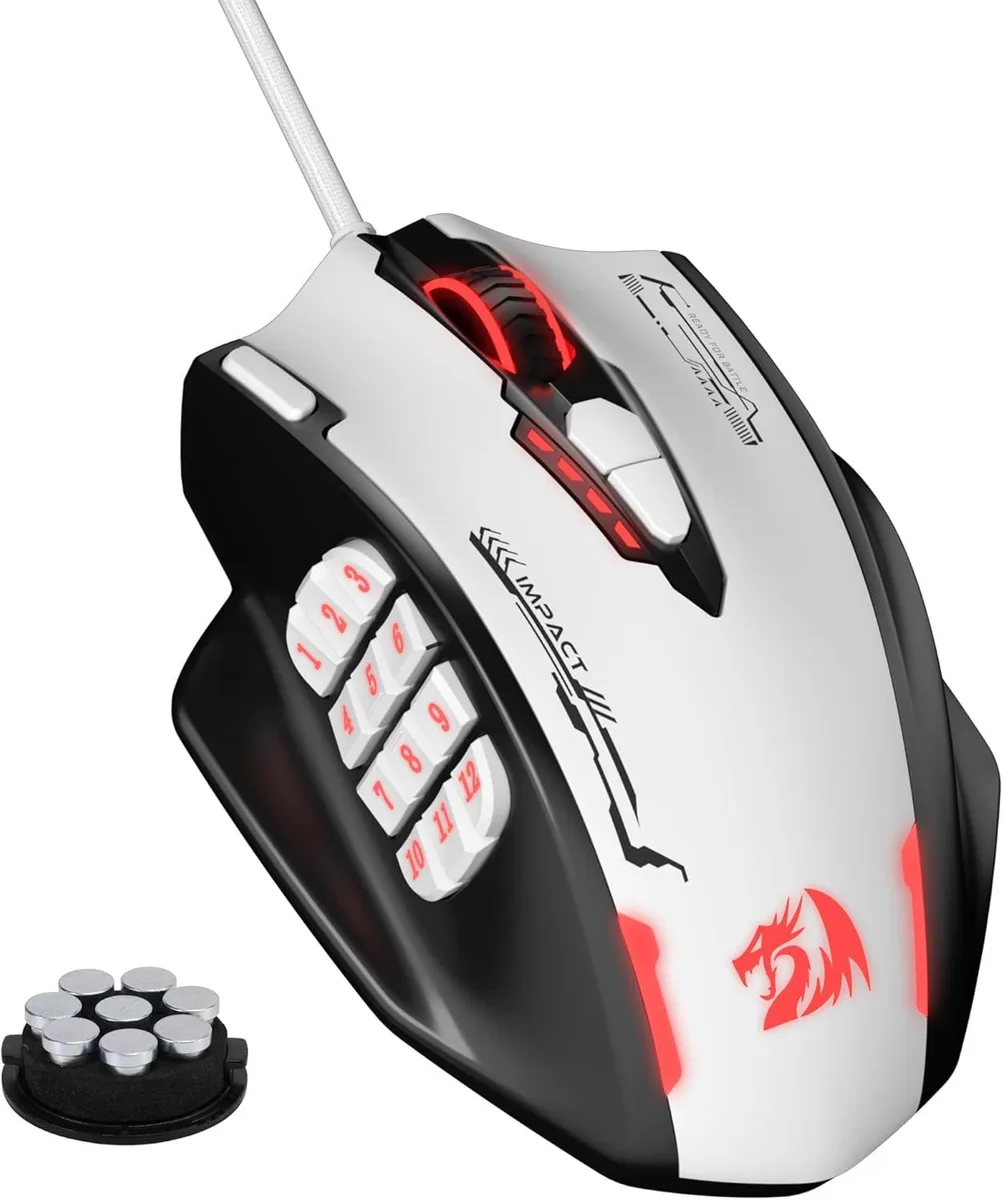 Redragon Redragon M908 Impact RGB MMO Gaming Mouse, 18 Programmable Buttons, 24000 DPI, Black & White — foto del producto