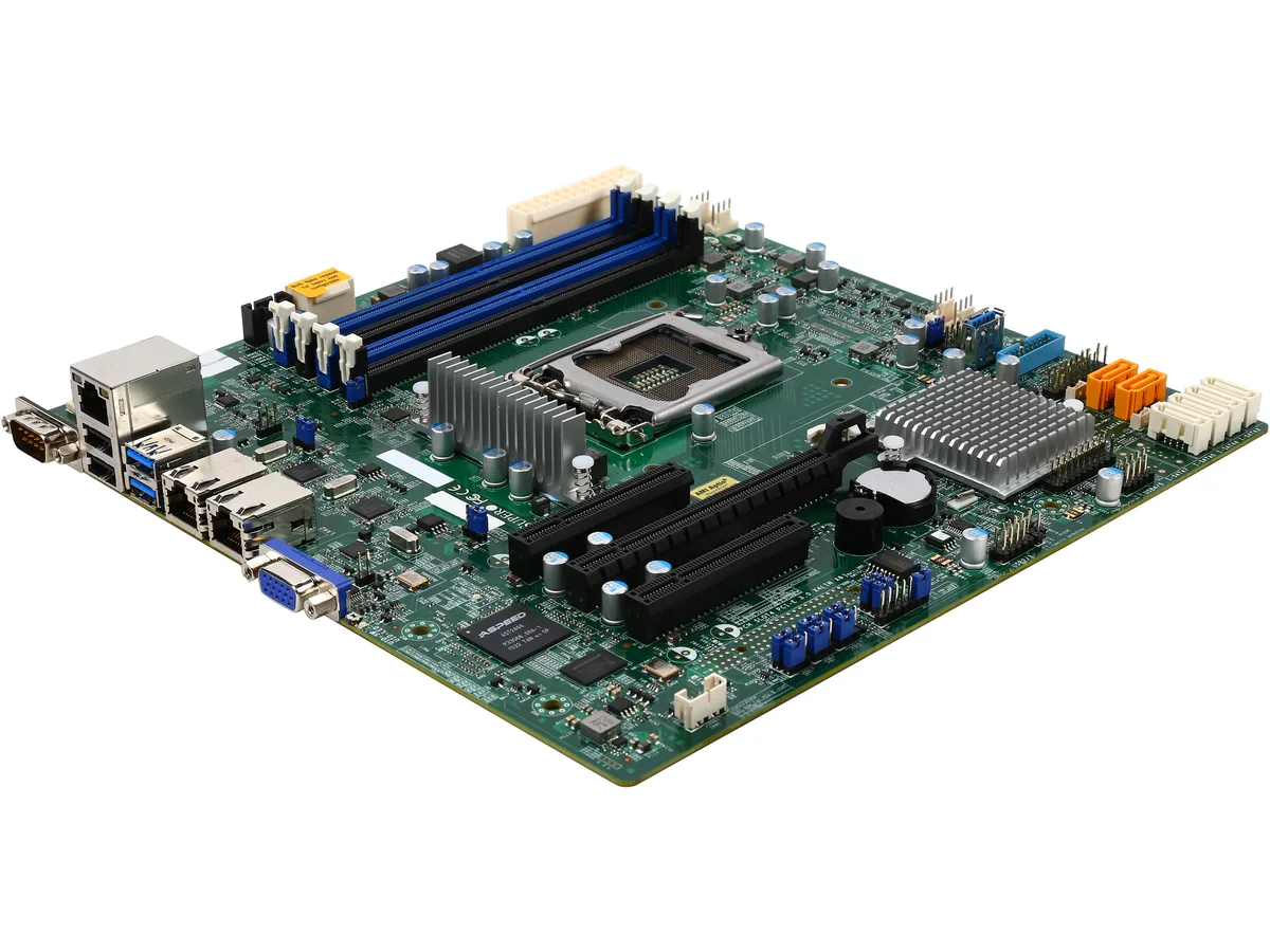 Green microATX server board with four DDR4 slots, dual LAN ports, six SATA connectors and a dedicated IPMI port