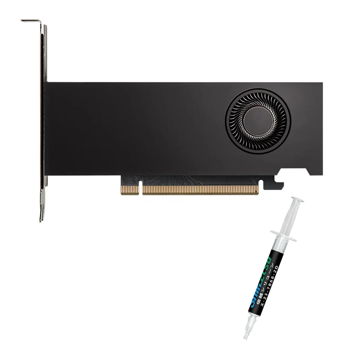 Compact dual-slot half-height graphics card with silver shroud and four Mini DisplayPort outputs