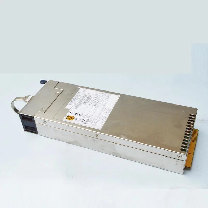 Rectangular black ATX power supply unit with cooling fan grille and cable connectors