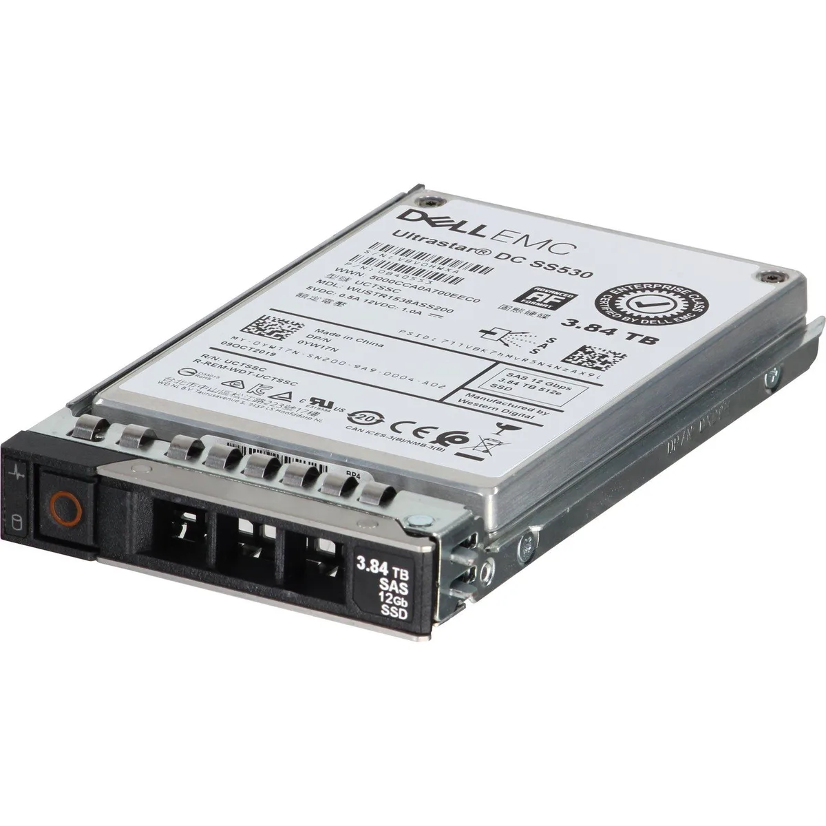 A 2.5 inch Dell enterprise SSD with silver metal casing