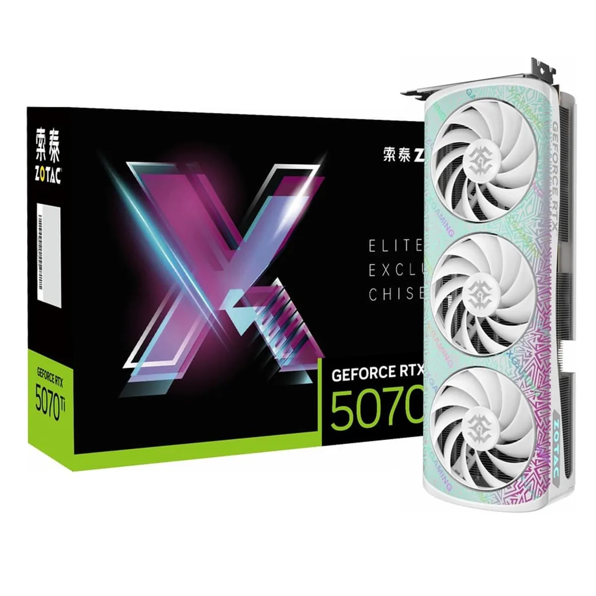 ZOTAC XGAMING OC RTX 5070 Ti triple-fan graphics card in black and silver