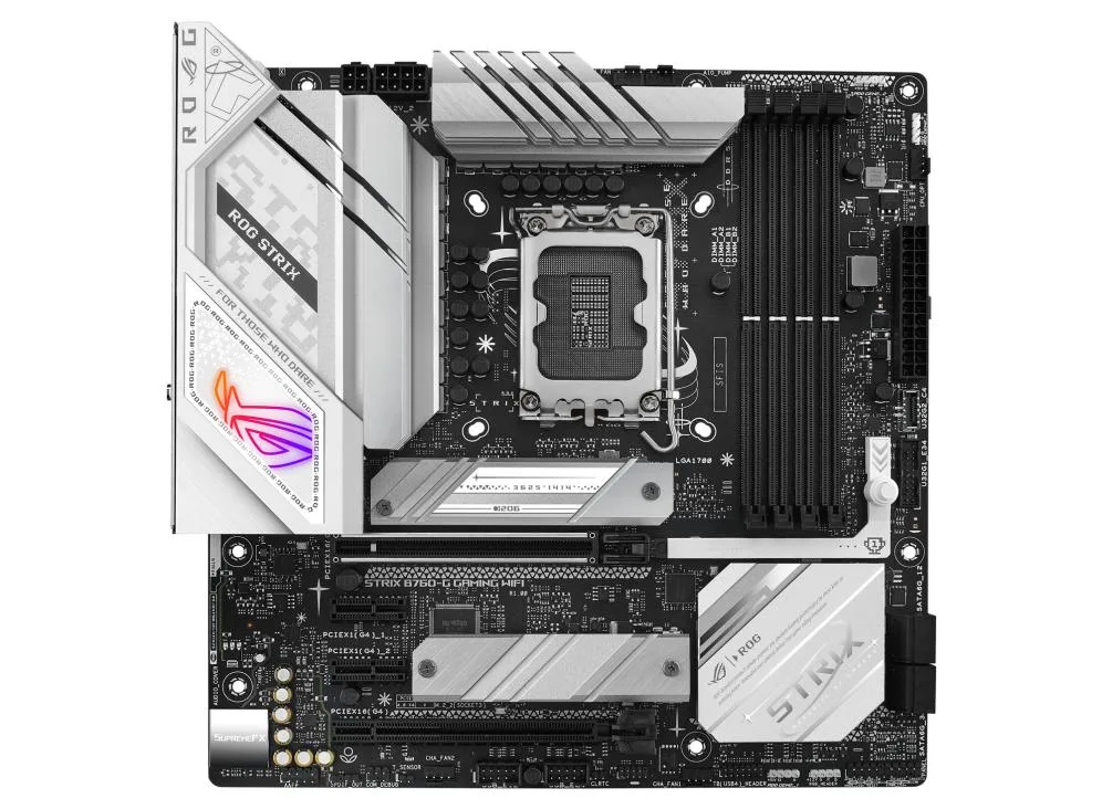 ASUS ROG STRIX B760-G motherboard, micro ATX, white and silver finish, LGA1700 socket