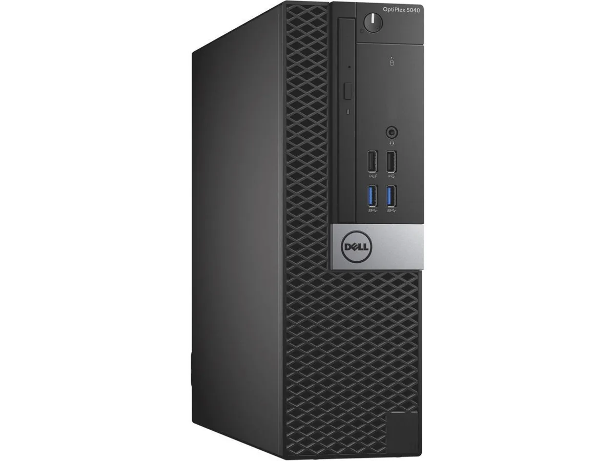 Black small form factor desktop tower, DVD slot visible